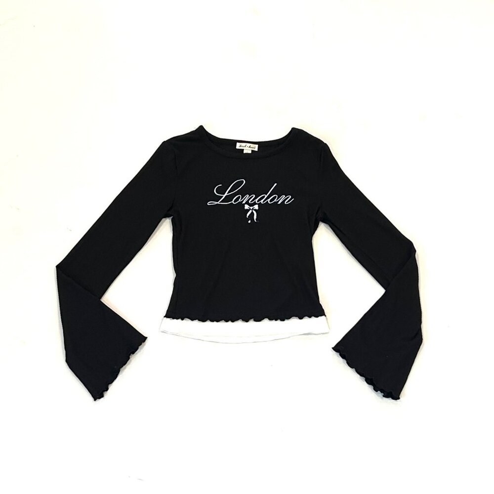 derek heart "london" long sleeve top in black w/ ruffles